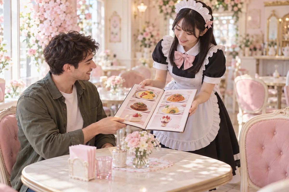 A solo guest smiling at a small table as a maid brings over a menu in a bright pastel cafe