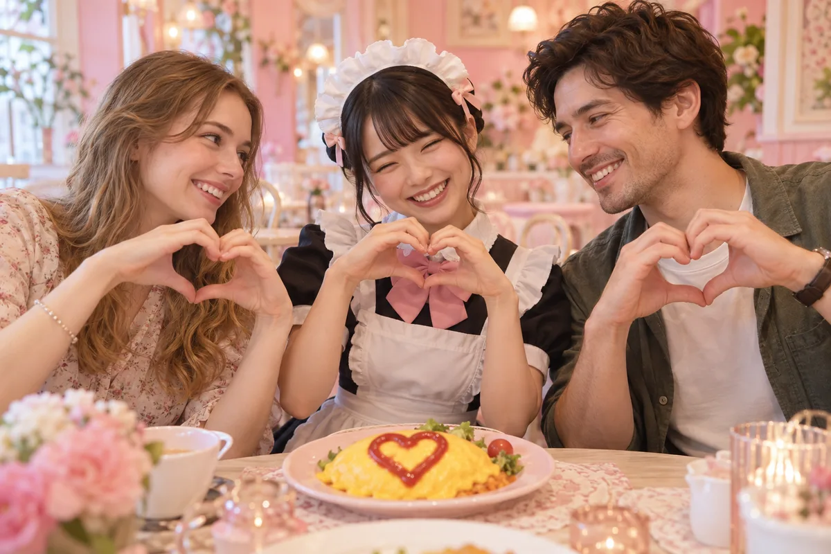 A maid and two guests at a table making heart shapes with their hands over a plate of omurice